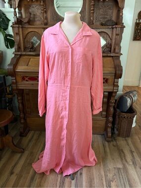 Retro 90s Long Pink Button-Front Linen Blend Dress
